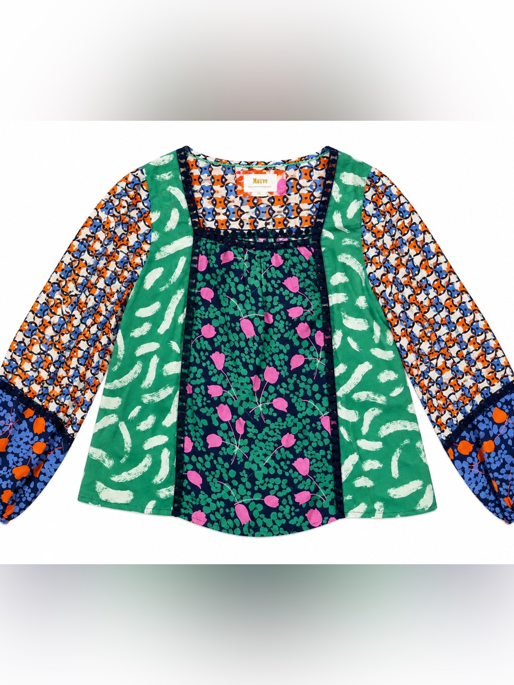 Anthropologie Maeve Green, Pink, Blue & Orange Mixed-Print Blouse